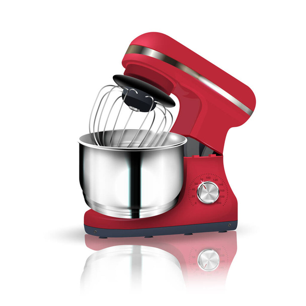 3D realistic planetary red mixer with reflection. Kitchen appliance for whipping, dough, cocktails, cream - Vector, Image