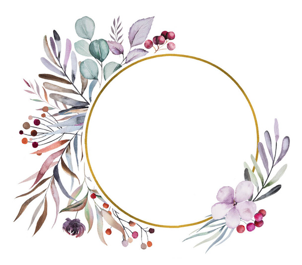 Invierno floral Acuarela marco redondo con hojas pastel, bayas y flores aisladas en blanco. Arreglo floral azul, púrpura y rojo para tarjetas de boda, papelería de vacaciones, elaboración - Foto, imagen
