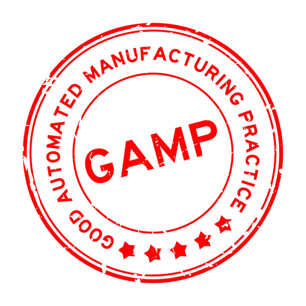 Grunge rosso GAMP Good Automated Manufacturing Practice parola sigillo di gomma rotondo timbro su sfondo bianco - Vettoriali, immagini