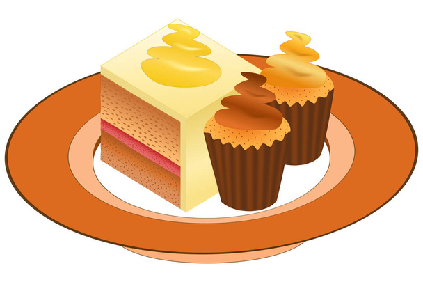 De dessertkubus met marsepeinen glazuur en twee desserts in de vorm van een mandje met slagroom op een lichtbruin bord - Vector, afbeelding