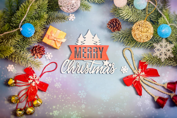 Christmas background with fir tree and decor. Top view with copy space ,  Christmas composition. - Фото, зображення