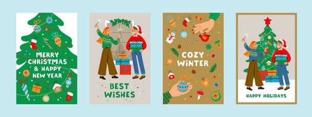 Vektoros képeslapkészlet a téli ünnepeket ünneplő emberekkel. - Vektor, kép