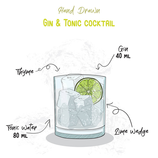Χέρι επέστησε πολύχρωμο τζιν και τονωτικό καλοκαίρι Cocktail συστατικά ποτό Χειρόγραφο συνταγή - Διάνυσμα, εικόνα