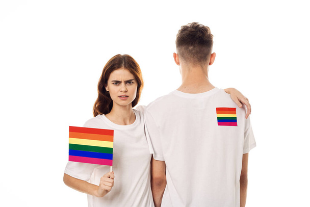 young couple lgbt Flag transgender lifestyle light background - Fotó, kép