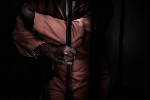 Portrait of man desperate to catch iron prison, prisoner concept - 写真・画像