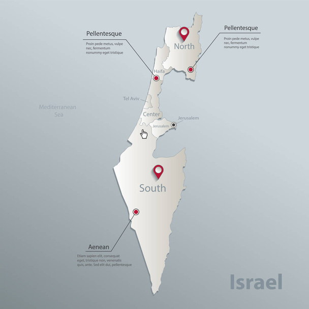 Mapa de Israel, división administrativa con nombres, azul blanco tarjeta de papel 3D vector - Vector, Imagen