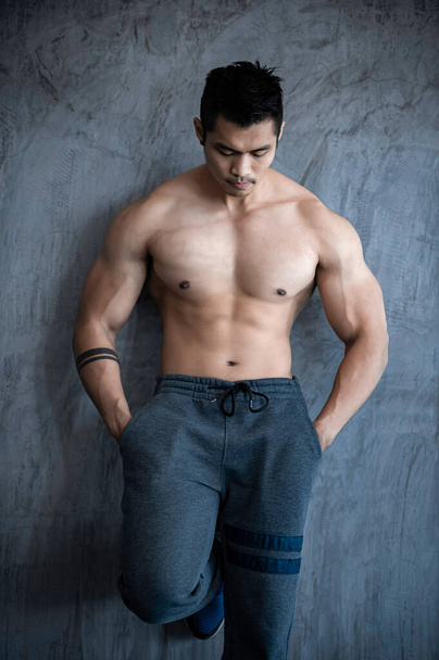 Portrait of asian man with big muscles at the gym, Workout for good health - Φωτογραφία, εικόνα