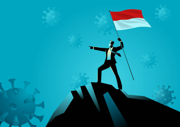 Business concept vector illustration of a businessman holding the flag of Indonesia on top of the mountain. Optimism during pandemic - Vector, Image