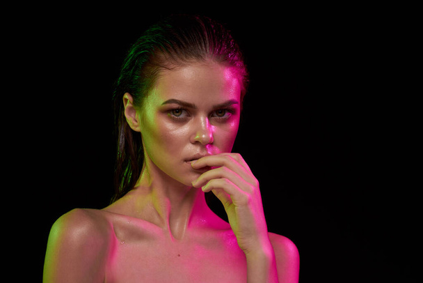 sexy woman hairstyle fashion naked shoulders makeup studio lifestyle - Fotografie, Obrázek