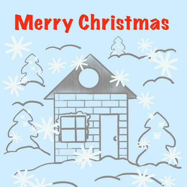 ハッピーニューイヤー、メリークリスマス、ハッピーホリデー、ハッピー2022 、雪、こんにちは冬、雪で覆われた家、クリスマスツリー、雪の結晶、雪の風景、冬居心地の良い風景、白、青、青、グレー、グレー、ダークグレー、陽気な休日、幸福近くの快適さ - 写真・画像