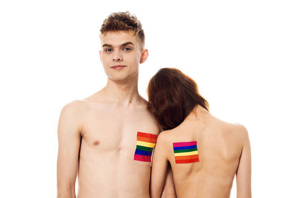couple in white t-shirts Flag lgbt transgender sexual minorities - Foto, Imagem