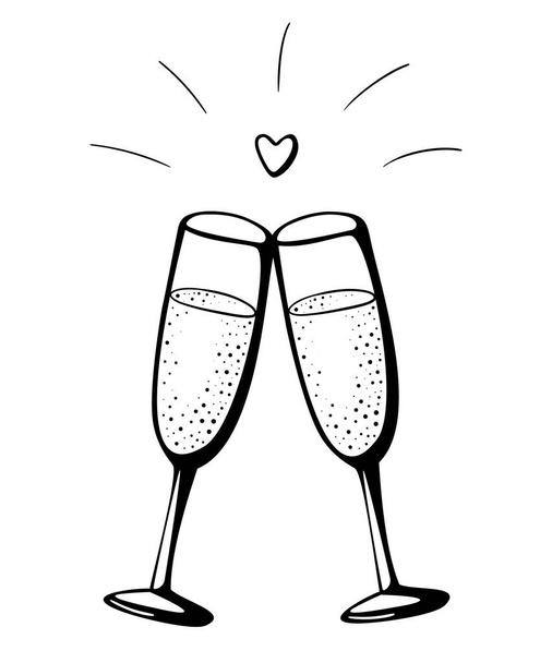 Vector garabato dibujado a mano bosquejo tinta negra ilustración de dos copas de champán pareja amor aniversario San Valentín celebración bebida vítores en blanco - Vector, Imagen