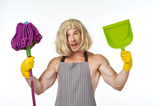 Muscled Man in Womens Wig Mop Cleaning Housework - Photo, image
