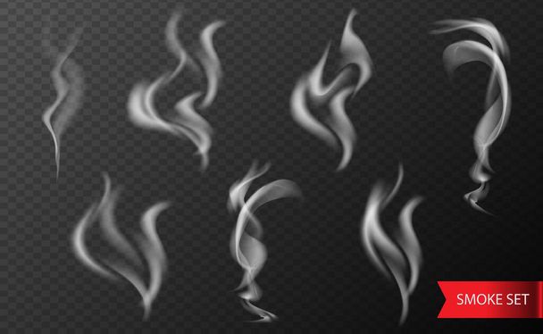 Realistic smoke set. Collection of smokes from cigarettes, hot food or drink isolated on transparent background - Vector, Image