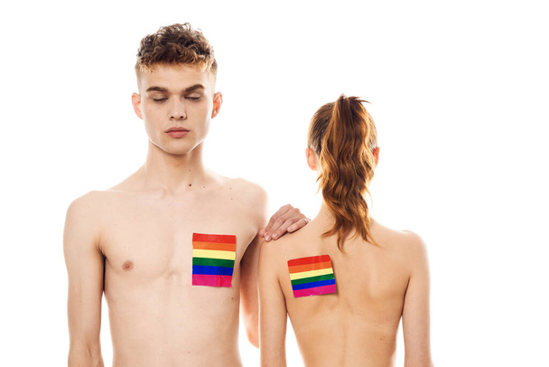 young couple lgbt Flag transgender lifestyle light background - Fotoğraf, Görsel