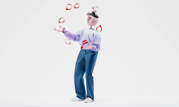 Awesome Travor juggles with heart icons. Social media popularity concept. Highly detailed fashionable stylish abstract character. Left view. 3d rendering.  - Fotografie, Obrázek