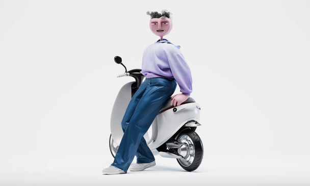 Awesome Travor standing near modern electric scooter. The concept of modern eco transport. Highly detailed fashionable stylish abstract character. Left view. 3d rendering.  - 写真・画像