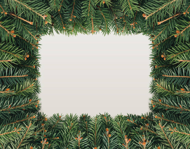 2022. Xmas rectangular frame made of fir Christmas tree branches isolated on pastel beige background. Minimal flat lay. Evergreen natural winter New Year texture. Greeting card concept. - Photo, image