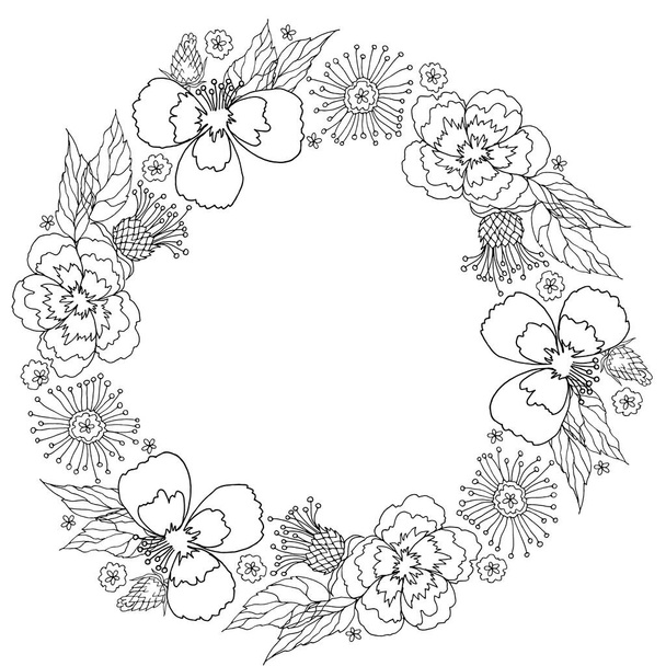Corona redonda floral en blanco y negro, dibujada a mano - Vector, imagen
