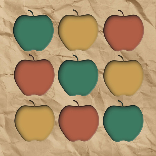 Яблоки являются предметом этой 3-D иллюстрации, которая включает в себя приглушенные цвета и порезанный вид бумаги. Это трехмерная иллюстрация.. - Фото, изображение