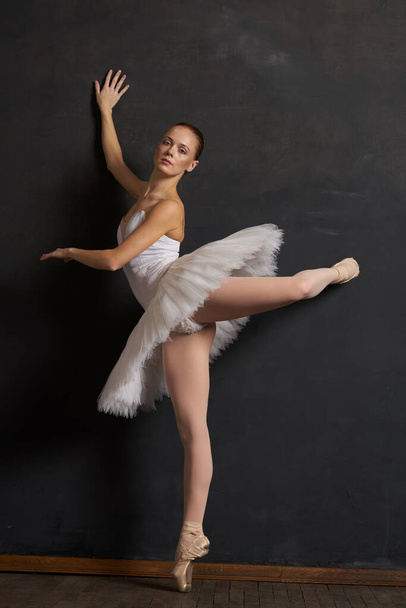 woman ballerina in a white tutu dance posing performance dark background - Fotó, kép