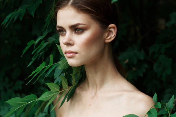 beautiful woman green leaves clean skin nature summer model - Foto, Imagem