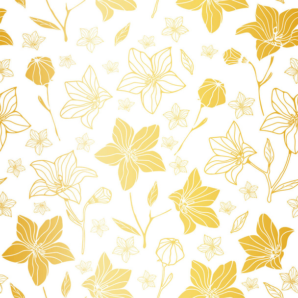 白い背景の花の黄金のシルエットシームレスなパターン - ベクター画像
