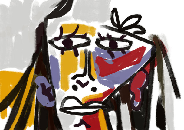 Picasso 'nun kaba çizgisi ve birincil renginde esinlenilmiş kendine güvenen bir karakter portresi. Koyu renkli tedirgin bir guaj resmi. Yazdırma için resim - Fotoğraf, Görsel