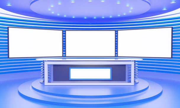 tavolo bianco e lo sfondo dello schermo lcd in una stanza di studio di notizie.3d rendering. - Foto, immagini