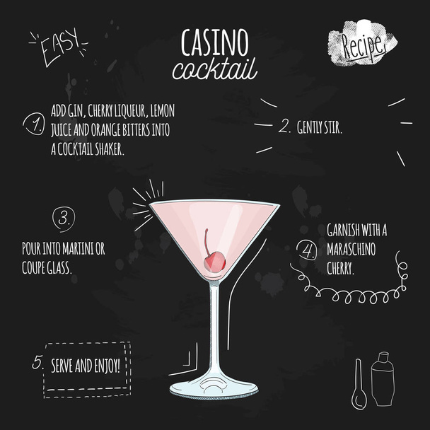 Casino Cocktail Illustration Recipe on Blackboard - Vector, Imagen
