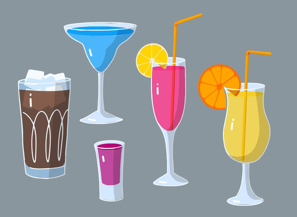 Dibujos animados conjunto de bebidas, vaso de cóctel con pieza de fruta - Vector, imagen