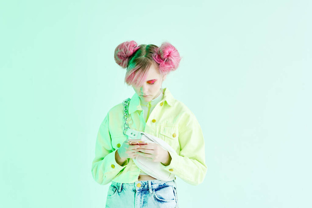 girl with pink hair teen posing fashion neon - Foto, Imagem