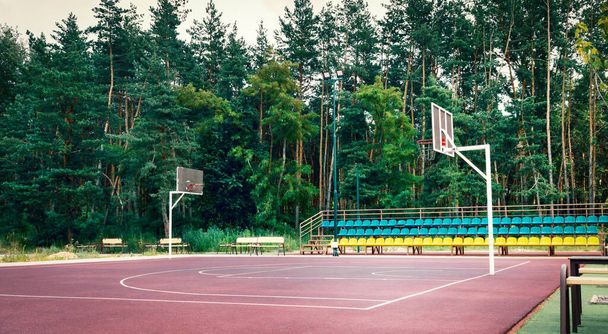 Δημόσιο γήπεδο μπάσκετ υπαίθριο σε αθλητικό συγκρότημα κοντά στο δάσος. - Φωτογραφία, εικόνα