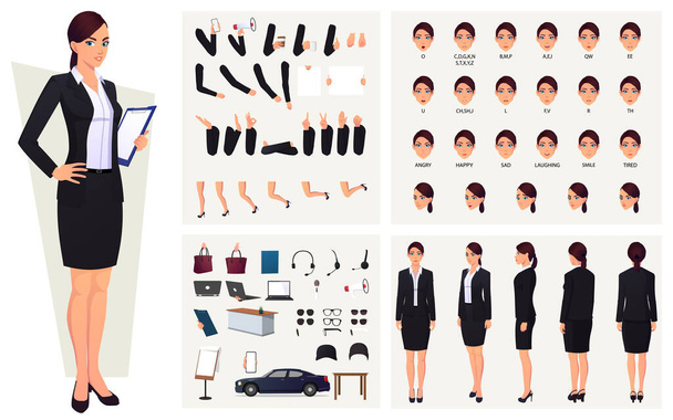 Business Woman Wearing Suit Character Constructor with Lip Sync, Emotions, and Hand Gestures design - Vector, Image