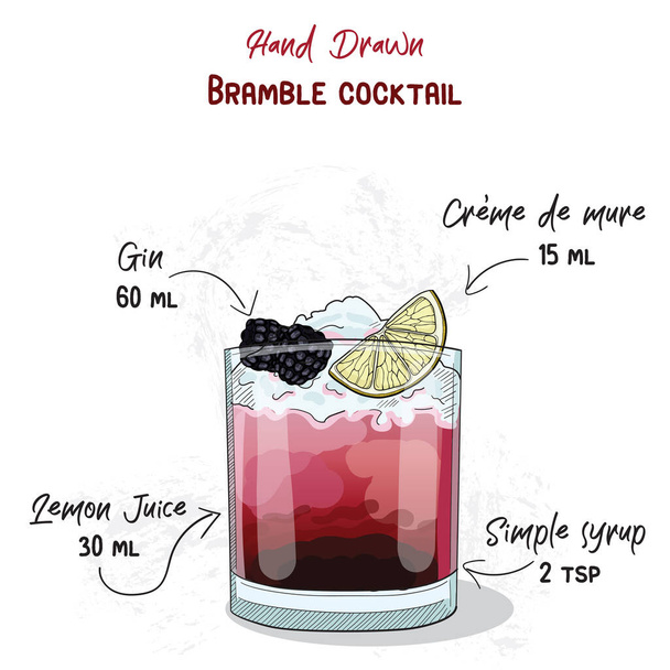 Receta manuscrita colorida dibujada a mano de la bebida del cóctel del verano de Bramble Ingredientes - Vector, imagen
