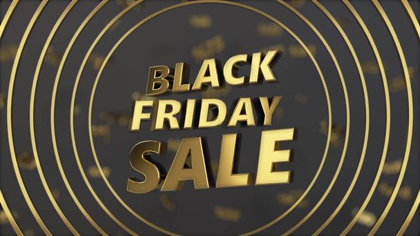 Golden black friday text on center of circular shapes. 3d illustration, suitable for discount and sale themes. - Photo, Image