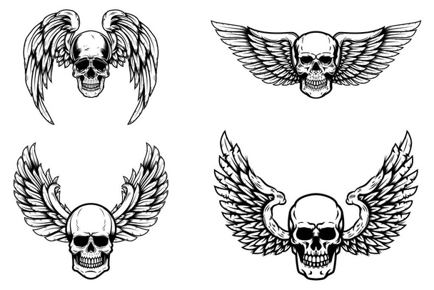 Set of winged human skull isolated on white. Design element for logo, label, emblem, sign. Vector illustration - Вектор,изображение