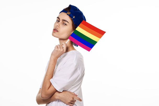 woman with lgbt flag transgender community light background - Фото, зображення