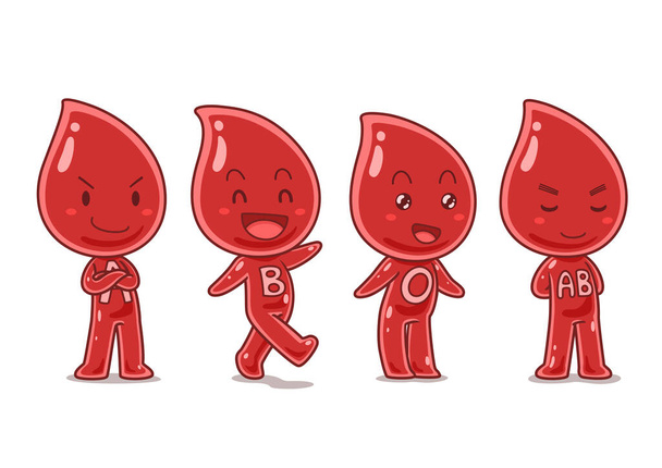 Conjunto de tipos de sangre personaje de dibujos animados en diferentes poses. - Vector, Imagen