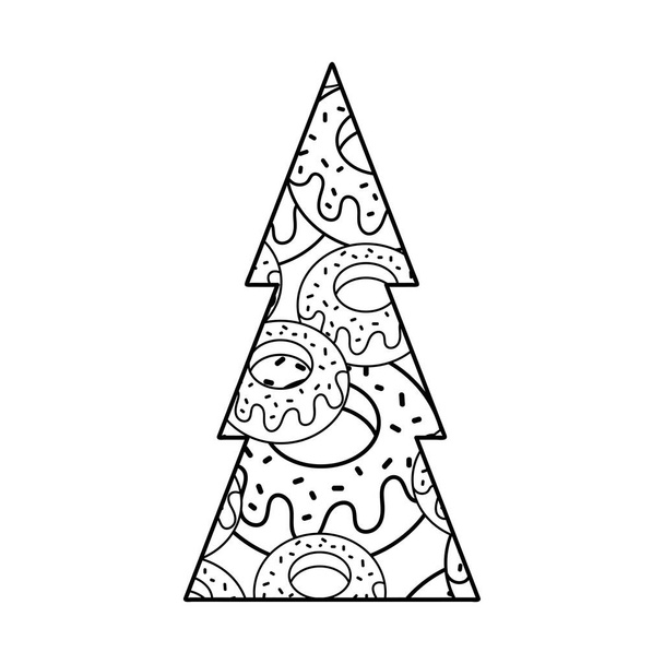 Coloring book page. Design of a Christmas tree decorated with donuts. Cakes are a background for a holiday. Vector in cartoon style, glazed and sprinkled with a donut. - Vektori, kuva