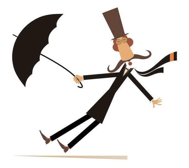 Long mustache man stays on the strong wind illustration. Strong wind and a long mustache man in the top hat with umbrella isolated on white - Vettoriali, immagini