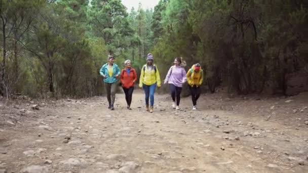 Grupa kobiet w różnym wieku i o różnym pochodzeniu etnicznym bawiących się spacerami we mglistym lesie - koncepcja przygód i podróży - Materiał filmowy, wideo