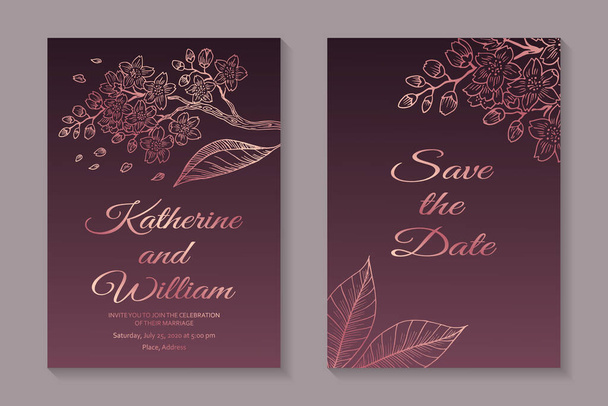 Set van luxe bloemen bruiloft uitnodiging ontwerp of wenskaart sjablonen met rose goud sakura op een roze achtergrond. - Vector, afbeelding
