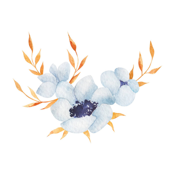 Watercolor blue peonies with gold leaves on an isolated white background. Hand drawing, summer clipart. For greeting card, holiday invitation, postcard, poster, background - 写真・画像