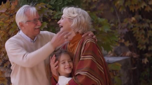 Isovanhemmat nauttivat hyvissä ajoin söpö pieni lapsenlapsi syksyllä puistossa - Materiaali, video