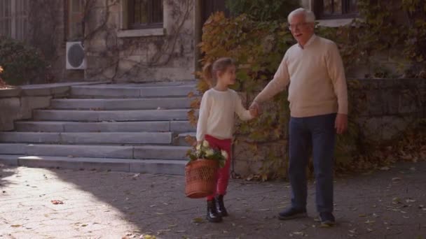 Dedesi elinde çiçeklerle dolu sepeti olan küçük tatlı torunuyla eğleniyor. - Video, Çekim