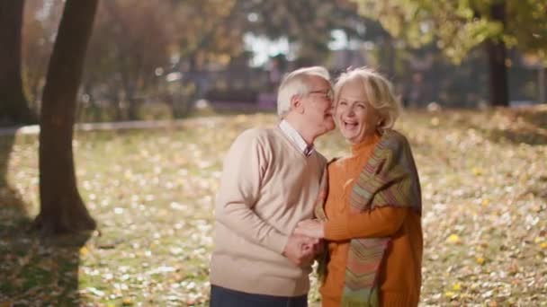 пожилая пара влюбленных проводит время на свидании в осеннем парке - Кадры, видео