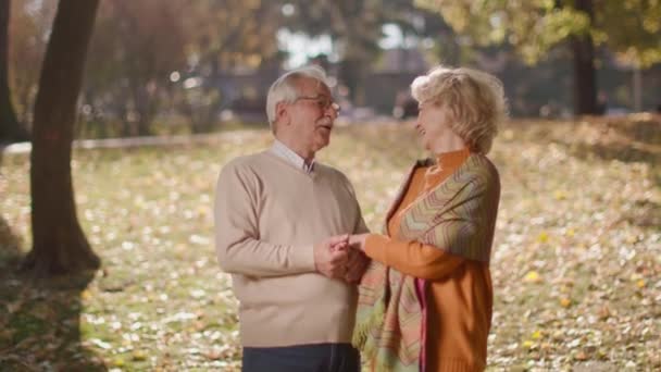 pareja de ancianos enamorados pasar tiempo en la fecha en el parque de otoño - Imágenes, Vídeo