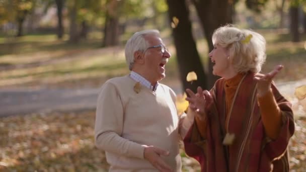 vanhempi pari rakastunut viettää aikaa tasalla syksyllä puistossa - Materiaali, video
