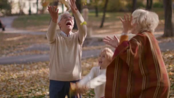 Grandparents enjoying good time with their cute little granddaughter in the autumn park - Footage, Video